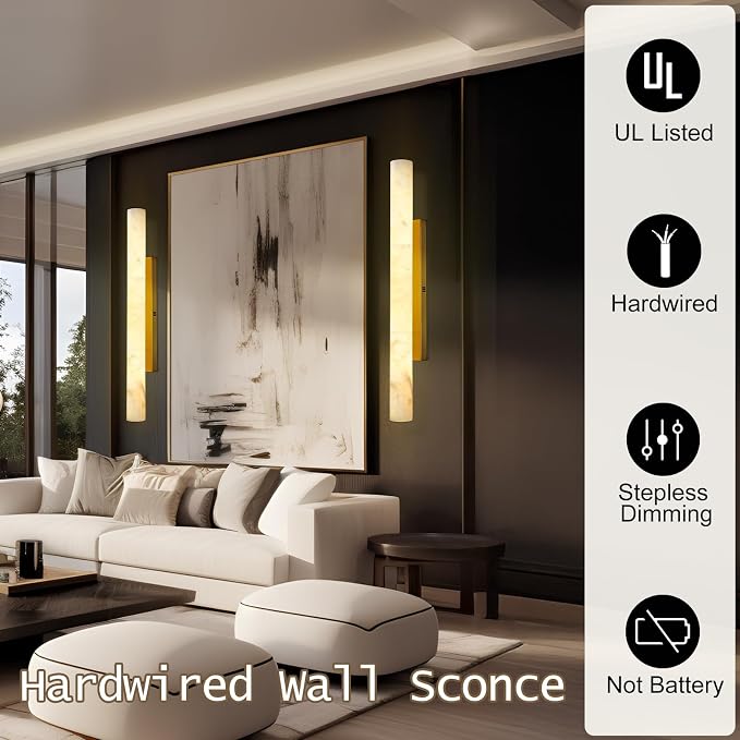 Brass Alabaster Wall Sconces, Spanish Natural Marble Wall Sconce, 36" Long Stone Wall Sconce Dimmable, Gold Alabaster Sconces Wall Lighting Indoor, Marble Wall Light for Bathroom, Living Room, 1PC