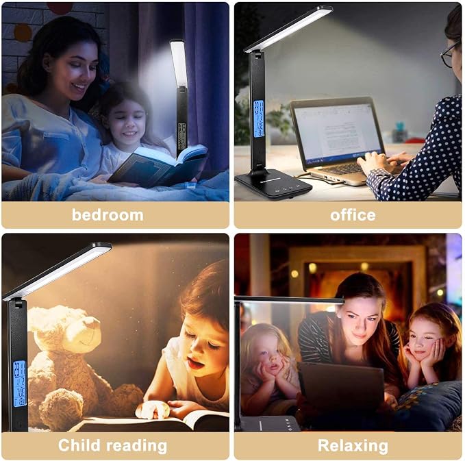 LED Desk Lamp with Wireless Charger, Suitable for Home, Office Dimmable, with USB Charging Port, Built-in Clock, Calendar, Thermometer and Automatic Timing Reading Desk Lamp.