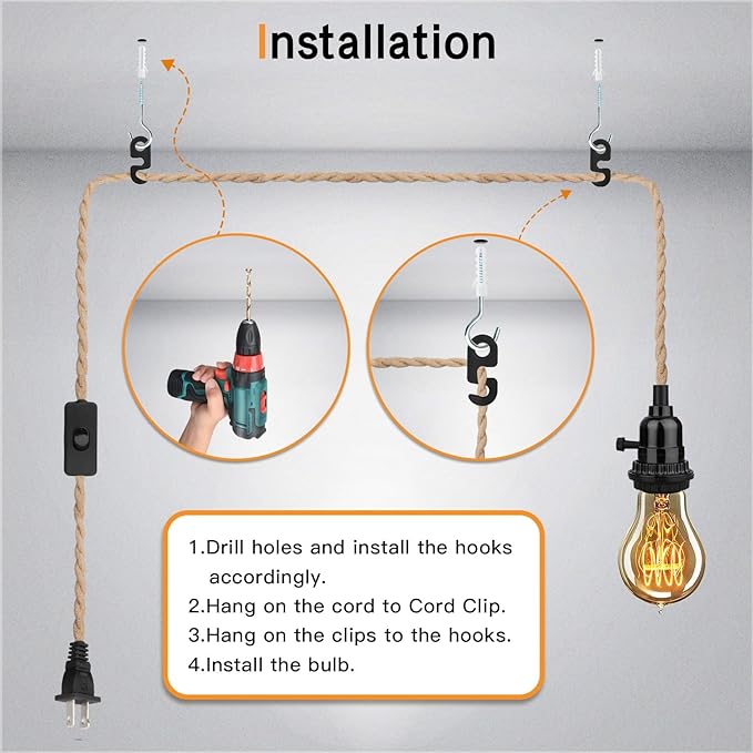 16.5FT Pendant Light Kit, Hanging Lights with Plug in Cord & Switch, Hemp Rope Swag E26 Socket Pendant Lamp, Extension Lantern Cable Vintage Farmhouse Industrial Retro DIY Decoration Fixtures