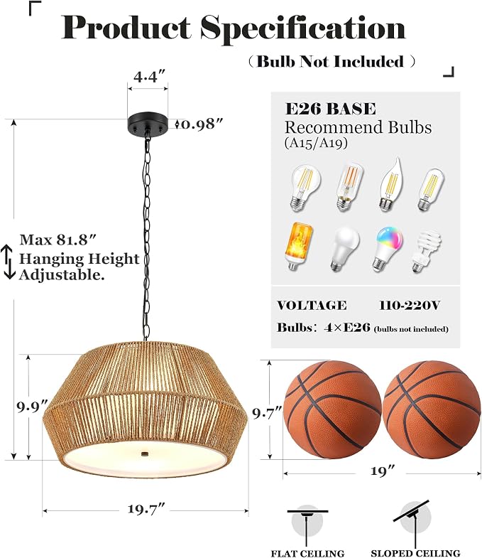 ELYONA Large 4-Lights 20" Rattan Chandelier, Boho Pendant Light Fixtures, Adjustable Japandi Woven Chandelier for Dining Room with Fabric Shade, Rustic Hanging Light for Kitchen Island,Living Room