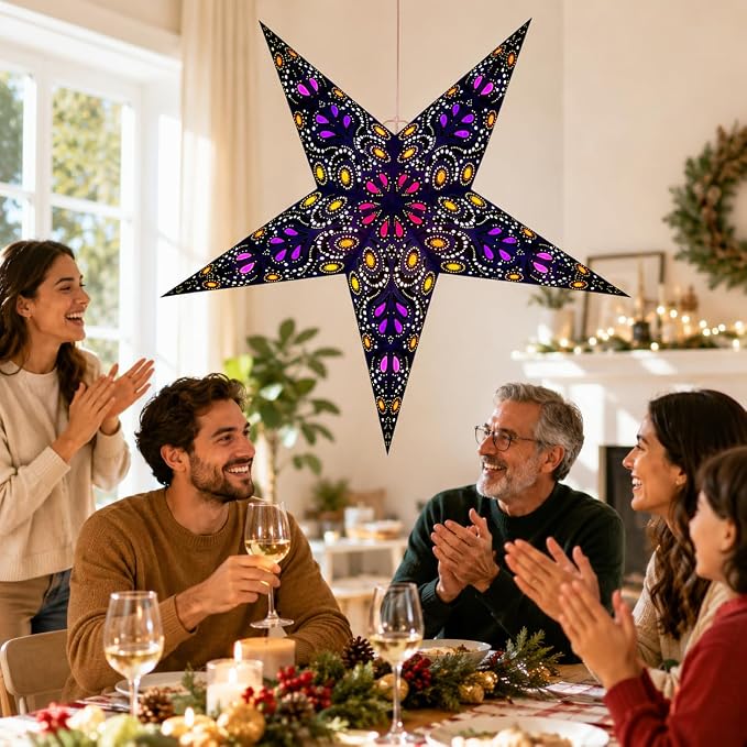 Lantern Lampshade Paper Star Light Shades Large 60cm Hanging Decorations for Christmas Wedding Home Decoration Birthday Party Foldable 5 Pointed Star (Blue, Black, Yellow)