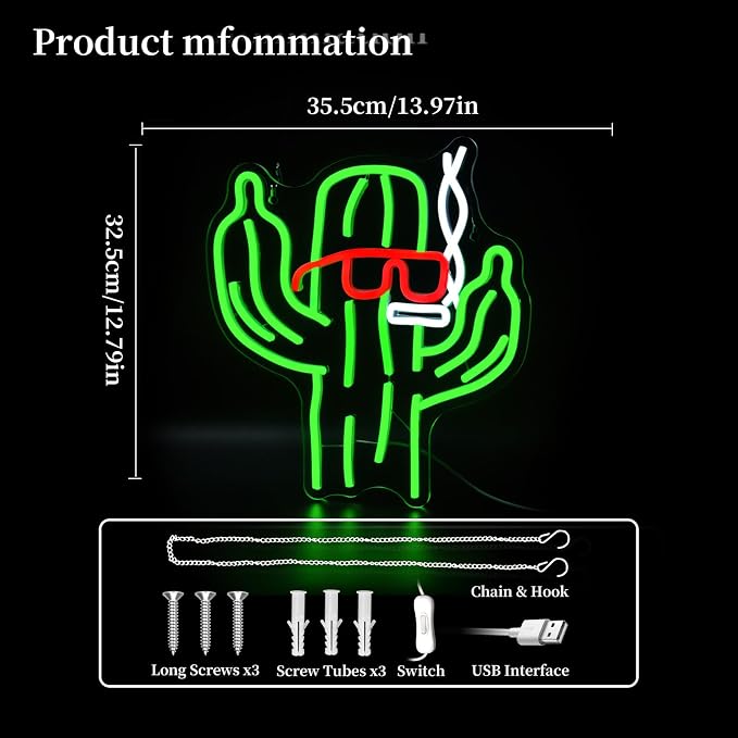 Cactus Neon Sign Led Sign Neon Signs for Wall Decor Neon Lights | Cactus Led Light Up Sign, Green Game Room Decor, Boys Gift, Party, Man Cave Wall Decor, 5V USB Powered