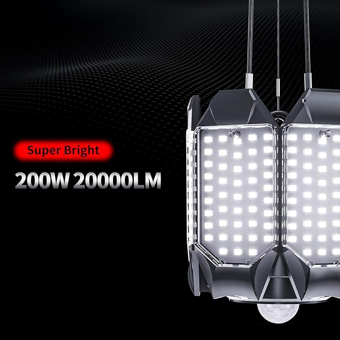 Plug in Garage Light with Motion Sensor - Ultra Bright 200W 20000LM Motion Activated Shop Light with 3 Mode, 6 Deformable LED Panel, Indoor Motion Light Bulb for Garage, Workshop (2 Pack)