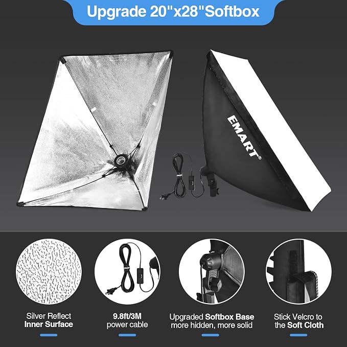 EMART Softbox Lighting Kit, 85W 20"x28" Softbox for Photography Light 2Pack | 3000K-6500K LED Bulbs with Remote, 75" Tripod, Professional Photography Lighting for Studio Lights, Portrait, Video Recording
