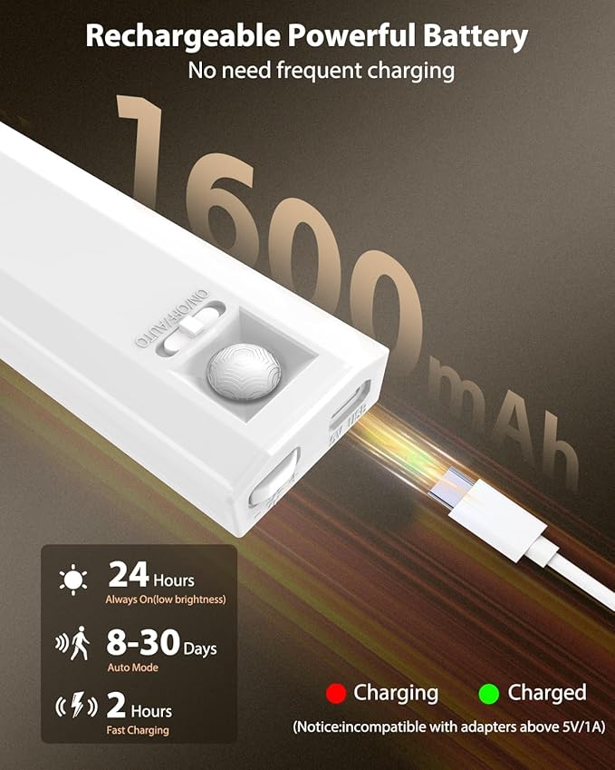 10” Under Cabinet Lighting, 68LEDS Motion Sensor Light Indoor, Rechargeable Battery Magnetic Closet Light, Wireless Under Counter Lights for Kitchen, Stairs, 2-Pack Warm Light