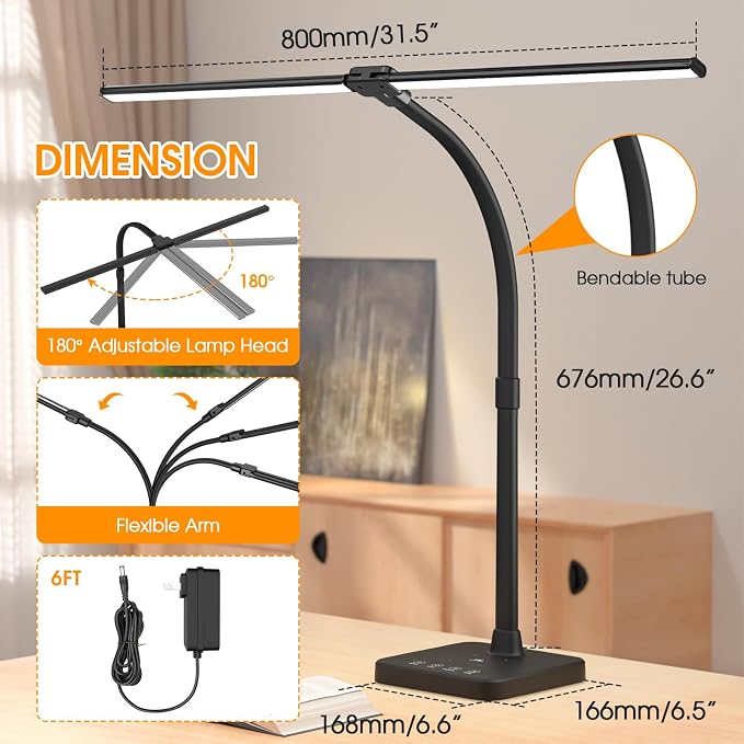 ShineTech LED Desk Lamp, 24W Double Head Desk Light with Wireless Charging | 25 Lighting Modes, USB Port, Dual Swing Arm, Eye-Caring, Auto-Off Timer & Memory Function, for Home Office Dorm Piano Nail