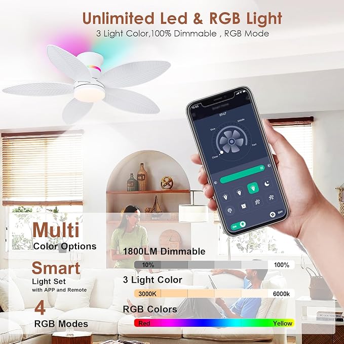 Tropical Palm Leaf RGB Ceiling Fans with Lights 46”, White Flush Mount Ceiling Fan with Light and Remote, 3CCT Dimmable LED&&Side RGB Light, Reversible 6 Speeds, Quite Low Profile Ceiling Fan Party