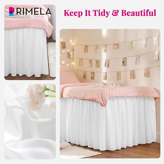 RIMELA Dorm Bed Skirt Twin XL 32 Inch Drop, Easy to Install Extra Long Wrap Around Elastic Dust Ruffle, White Bedskirt Solid Silky Fabric Machine Washable, Bedroom Decor