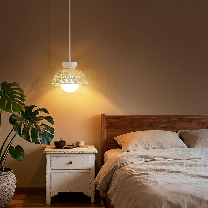 AIJIASI Rattan Pendant Light, 11.8" Hand Woven Boho Pendant Light Fixture with Milk Glass Globe, Gold Kitchen Pendant Lighting Over Island Adjustable Chandelier for Dining Room Hallway Foyer