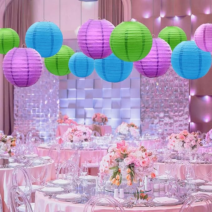 Blue Green and Purple Paper Lanterns 12Pcs Hanging Round Paper Lanterns Decorative for Graduation Baby Shower Wedding Birthday Family Parties ﻿