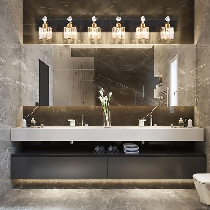PRESDE Crystal 6 Light Bathroom Vanity Lights Black and Gold Bathroom Lights Fixtures Over Mirror Modern Bedroom Hallway