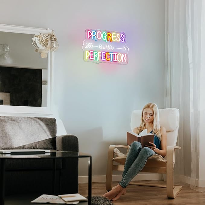 Progress Over Perfection Neon Sign, LED Neon Light Signs for Wall Decor Dimmable Inspirational LED Light Up Sign for Classroom Office Bedroom Library Study Room Kids Room Decorations