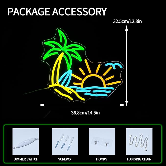 Tropic Neon Sign for Wall Decor Dimmable Coconut Tree Led Light Signs Summer Beach Neon Signs for Hawaii Shop Neon Light for Bar Bedroom Cafe Tiki Bar Party Decoration