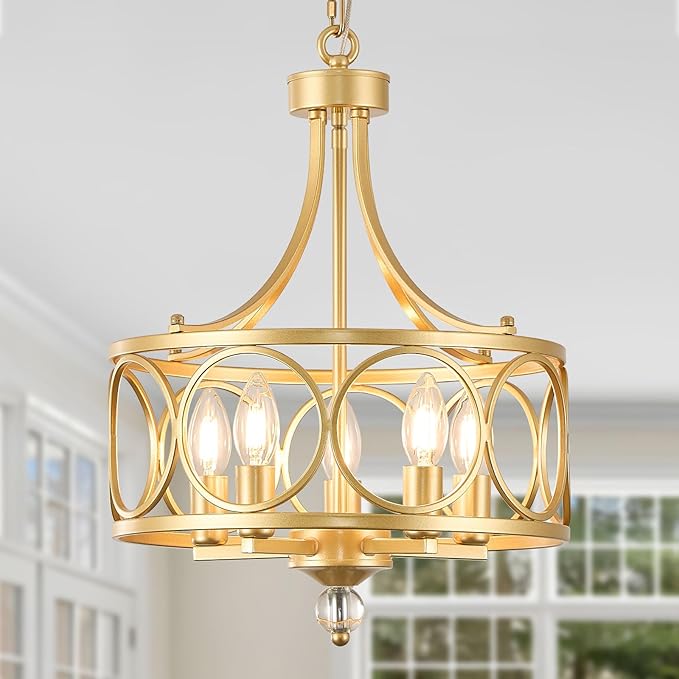 5-Light Gold Chandelier,14.2in Farmhouse Lantern Pendant Light Fixture,Adjustable Hanging Ceiling Lighting with E12 Socket,for Kitchen Island,Bedroom,Entryway,Dining Room