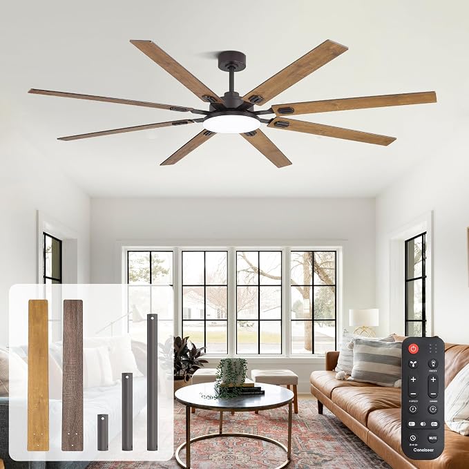 80 Inch Ceiling Fans with Lights and Remote, Bedroom Living Room Office Library Cafe Outdoor Industrial, 5CCT Dimmable, Dual Color 8 Blades 6 Speed Reversible Quiet DC Motor, Brown/Wood Grain