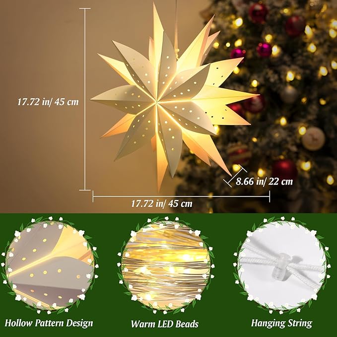Lewondr Christmas Paper Star Lantern, 2PCS Hanging Star Lights with 8 Lighting Modes, 4 Levels Dimming, 6 Hour Timer Function, LED Paper Lanterns with Remote Control for Holiday Home Decoration
