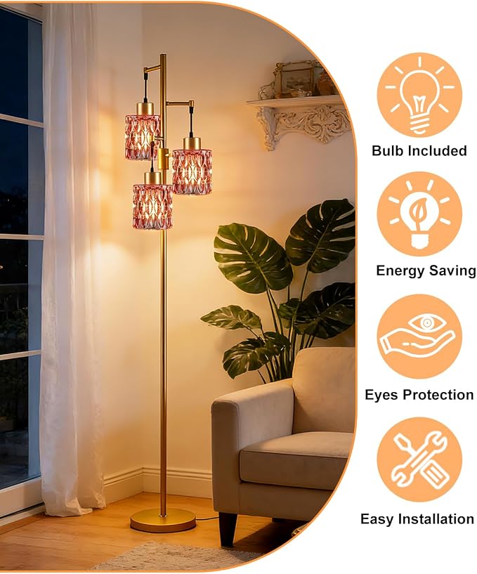 Lightdot 67" 3-Light Glass Floor Lamp for Living Room, Dimmable with Deep Red Glass Shade & E12 Bulbs Included, Mid Century Standing Tall Lamp with 5Lbs Heavy Base for Bedroom/Sofa Beside - Gold