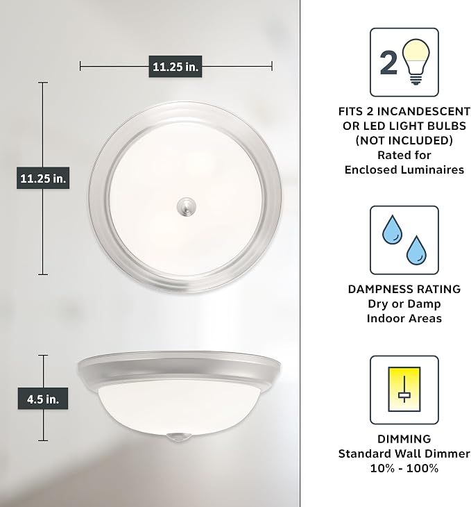 DESIGNERS FOUNTAIN Reedley 2-Lights Flush Mount Ceiling Light, 11 Inch Lighting Fixture for Kitchen, Bedroom, Bathroom, and Hallway, Pewter with Etched Glass, 1257S-PW-W