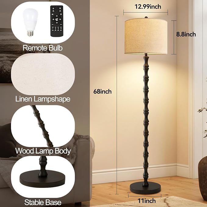ILLMTW Floor Lamp for Living Room,Bedroom,Vintage Mid Century Standing Lamp with Remote Dimmable,Black Tall Lamp Farmhouse Industrial Rustic Retro Floor Light Boho Bohemian