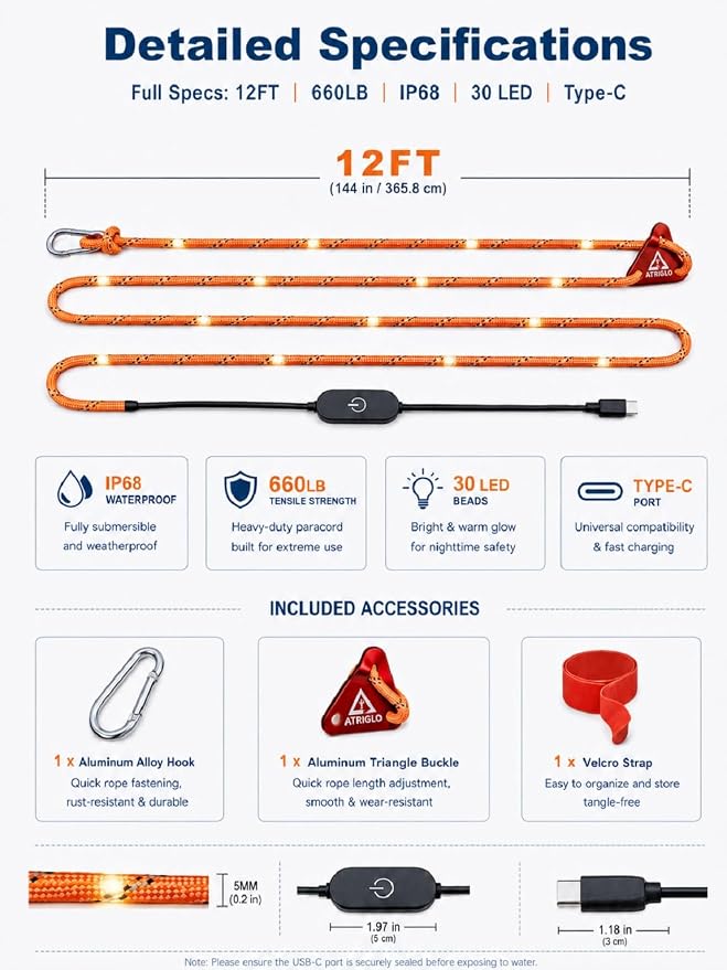 Camping Rope with Light 12FT 660LB LED Illuminated Nylon | Tent Rope for Hammock Clothesline Dog Leash SOS Emergency Type-C Touch Switch IP68 Waterproof Orange