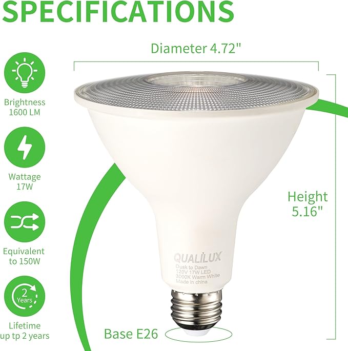 PAR38 Dusk to Dawn LED Flood Light Bulbs, Daylight White 5000K, 150W Equivalent 17W, 1700LM, Auto On/Off Light Sensing Outdoor Light Bulb, 2 Pack, Non-Dimmable, HQ-H033
