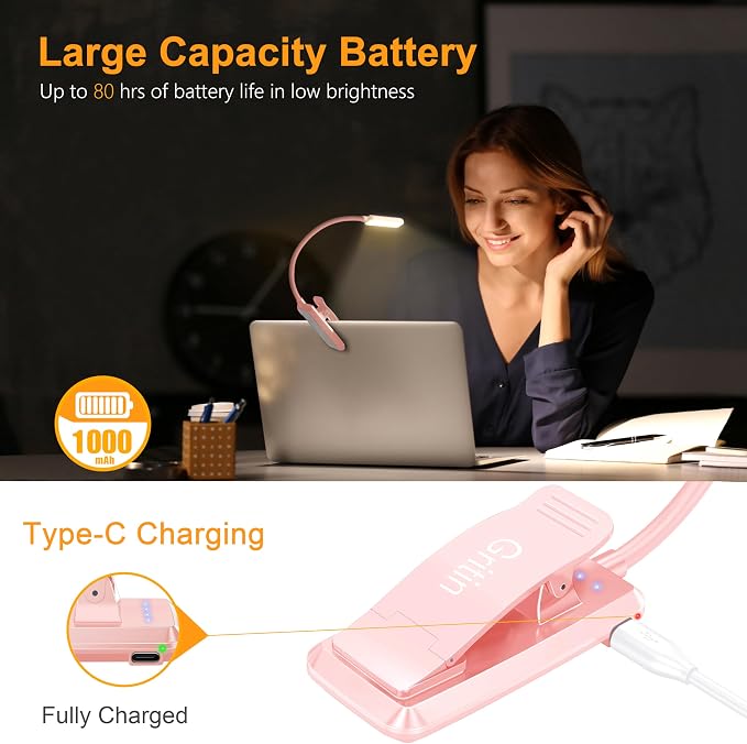 Gritin 9 LED Rechargeable Book Light for Reading in Bed | Eye Caring 3 Color Temps,Stepless Dimming Brightness,80 Hrs Runtime Small Lightweight Clip On Book Reading Light-Pink