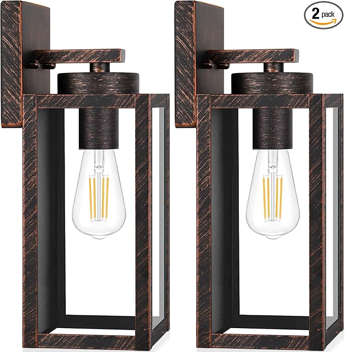 Outdoor Wall Light Fixtures, Outside Porch Lights, Distressed Brown | Waterproof Metal Construction, Rust-resistant, Quick & Easy Installation, Clear Glass Shades & Standard E26 Socket