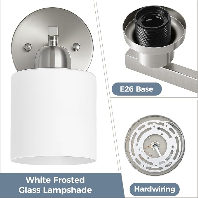 Brushed Nickel Bathroom Light, Anti-Rust Finish 2PCS Light Bathroom Vanity Light Brushed Nickel, Milky White Frosted Glass Shades, E26 Socket