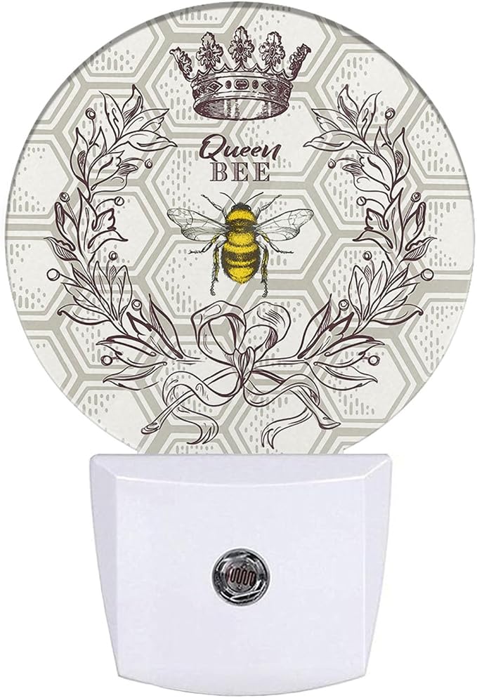 EKOBLA Queen Bee Night Light, Bee Theme Round Night Lights Plug Into Wall with Auto Sensor, Dusk to Dawn Lighting for Bedroom, Hallway and Kitchen
