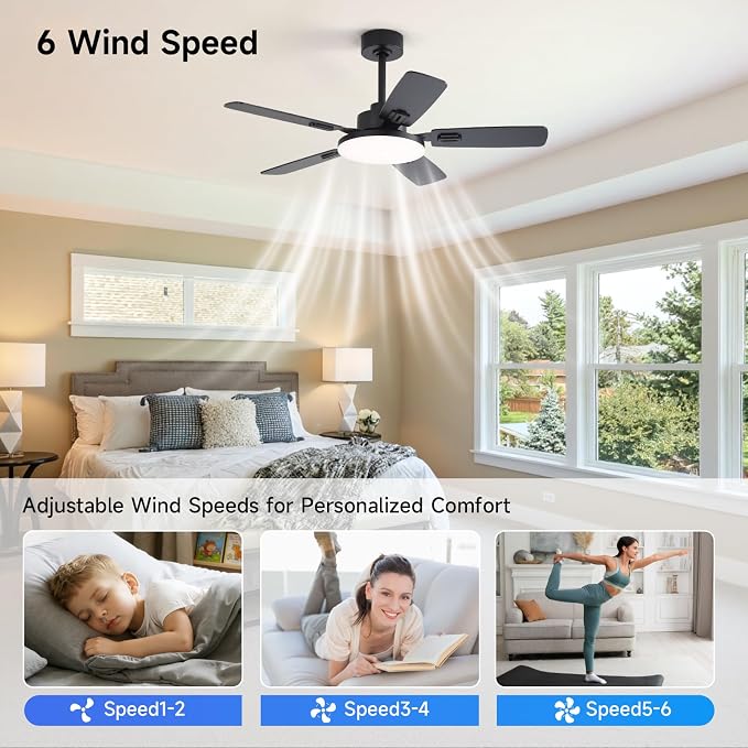 44 Inch Ceiling Fans with Lights and Remote for Bedroom Living Room Kitchen Office, Indoor/Outdoor Use, 5CCT Dimmable, Dual Color 5 Blades, 6 Speed Reversible Quiet DC Motor, Black/Wood Grain