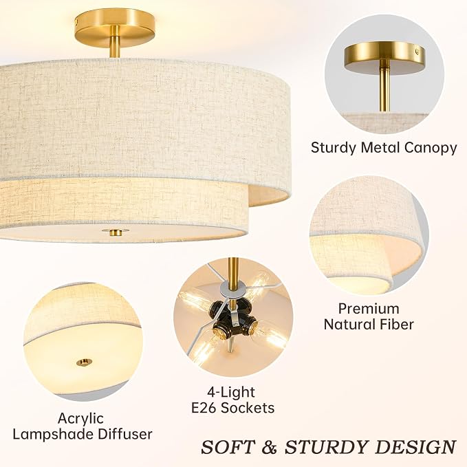 19.7" Semi Flush Mount Ceiling Light, 4-Light Drum Ceiling Light Fixture | 2-Tier Fabric Linen Shade Design, Modern Classic Style, for Dining Room, Living Room, Bedroom, Hallway, Entryway, Brass Gold