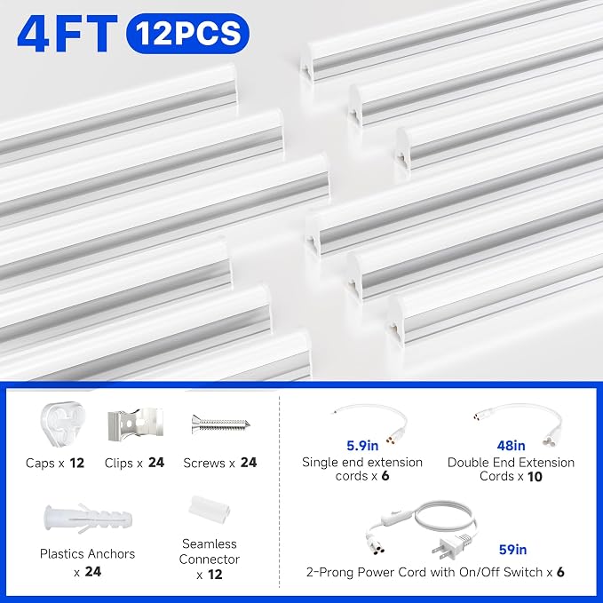 Ensenior 4FT LED Shop Lights, T5 6500K Super Bright Garage Lighting, 12Pack | Integrated utility light Fixture, linkable plug & play for gym, ceiling, under cabinet, basement & warehouse, 2000LM 20W, FCC