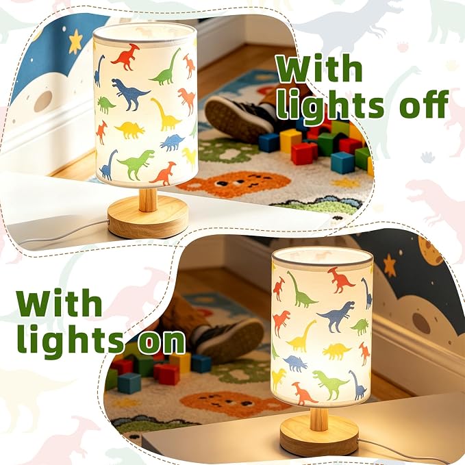 Dinosaur Kids Table Lamp for Bedroom Boys Bedside Lamps,3 Colors Dimmable Dinosaur Nightstand Night Light with Cartoon Lampshade Desk Lamp for Girls Boys Room Nursery Decor Dino Birthday Gifts for Boy