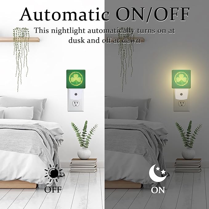 St Patrick's Day Shamrock Night Light Plug into Wall,Green Irish Clover Leaf Dusk to Dawn Night Light Plug in,0.5w Energy Saving Sleep Friendly NightLight for Kids Boys Girls Home Decor