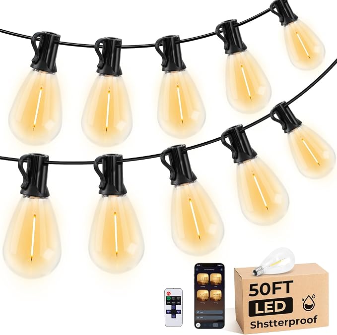 GvvooHome 50FT S11 LED Outdoor String Lights with App & Remote, Low-Voltage Patio Lights with Music Sync, 4 Lighting Modes, Dimmable, Waterproof LED Outdoor Lights for Porch, Deck, Garden, Backyard
