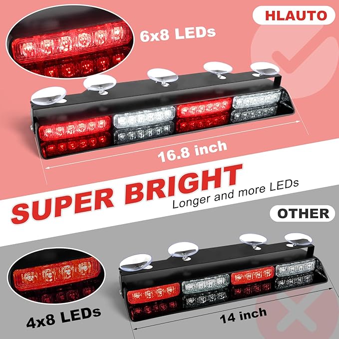 HLauto 6Z4J Emergency Dash Strobe Lights: 2x16.8 inch Red White Safety Lights, 48 LED Flashing Warning Hazard Interior Windshield Visor Traffic Light Bar for Trucks, Construction Vehicles