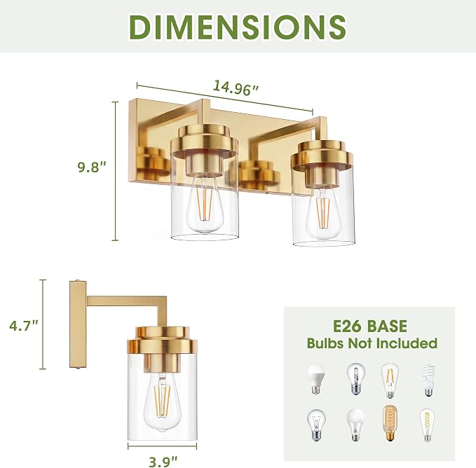Bathroom Vanity Fixtures, 2 Light Matte Gold Vanity Light with Clear Glass Shade, 15in Farmhouse wall Light, Lighting Fixture Over Mirror for Bathroom