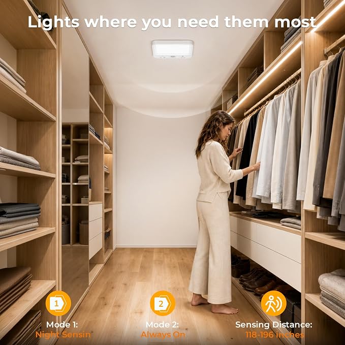 TANBABY Rechargeable Motion Sensor Ceiling Light, Wireless Remote, 4-Pack | Wireless LED Shower Light, 8000mAh Battery Long Lasting Closet Light, 3 Color Dimmable, Timer, No Wiring for Hallway Pantry