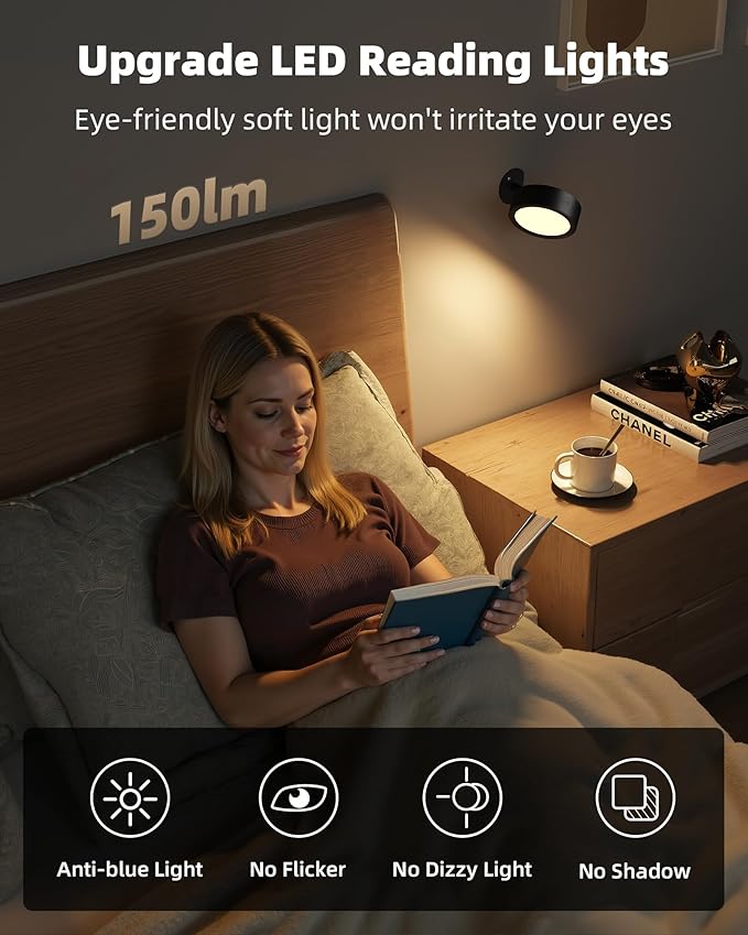 EZVALO LED Wall Mounted Lights, 5500mAh Rechargeable Wall Light Wall Sconces Lamp, 3 Color Temps & Remote and Touch Control, 360°Rotation Dimmable Cordless for Bedroom Reading Study Bedside (Black)