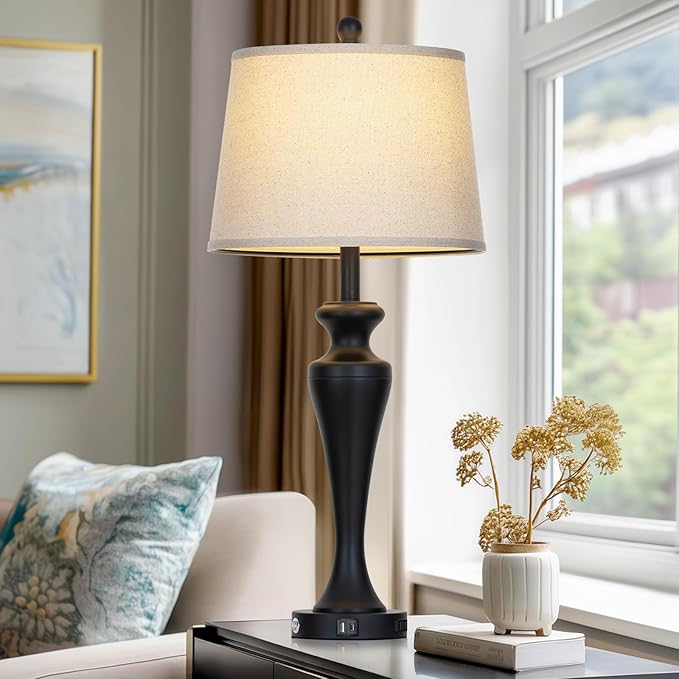 30 Inch Black Table Lamp Single, 3-Way Dimmable Touch Control Living Room Lamps with USB A+C Ports and AC Outlet, Tall Bedside Lamps for Nightstand, Modern Metal Bedroom Lamp, Bulb Included
