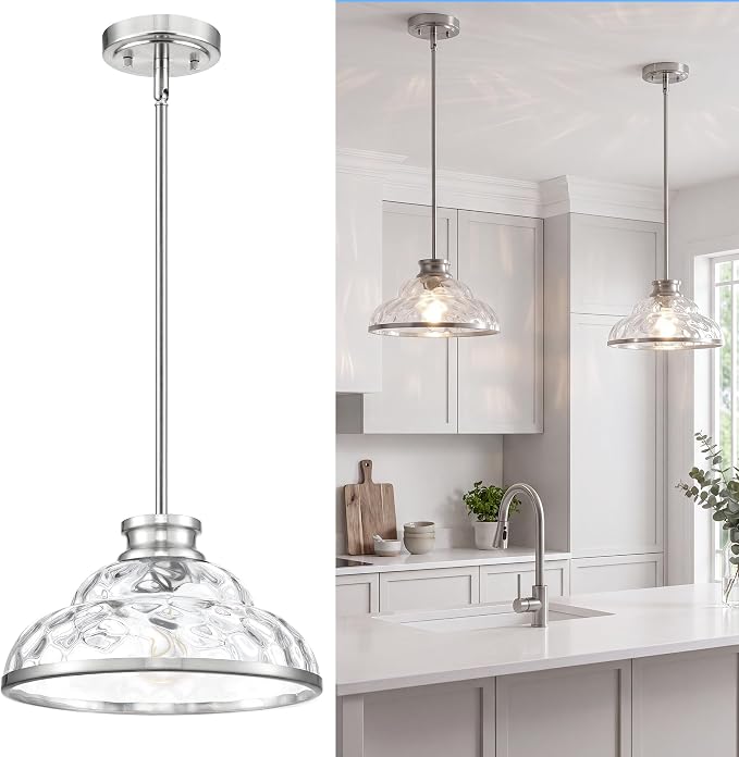 kudos 11 Inch Brushed Nickel Pendant Lights with Hammered Glass,KDPL14-BN-H | E26 Bulb Base, Hardwired, Farmhouse Styling, Adjustable Hanging Rods for Flat or Sloped Ceilings, for Kitchen Bars