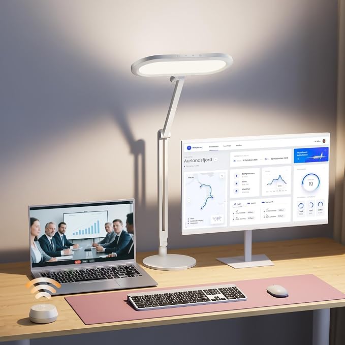 Premium LED Desk Lamp, Dual-Sided Soft Lighting with Knob Remote | Eye-Caring Diffused Light for Home Office, Video Conferencing, Zoom, Reading, Study, Craft, Stepless Dimming & Color, Memory