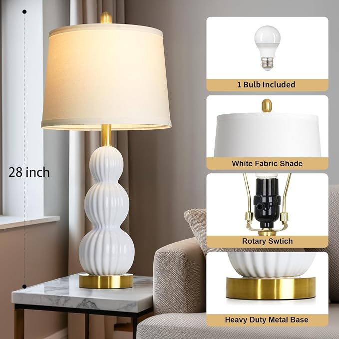 28" White Ceramic Table Lamp for Nightstand, Modern Bedside Table Lamp for Bedroom, Triple Gourd Lamp for Living Room End Table (1 Pack)