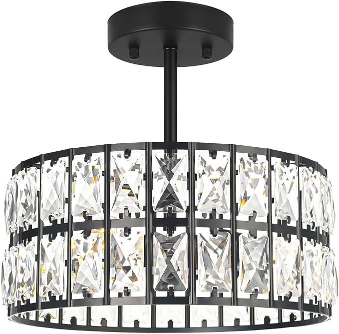 Matte Black Crystal Ceiling Light, Modern Semi Flush Mount Ceiling Lighting, Hallway Lighting Fixtures, Small Chandelier Light Fixture for Kitchen Entryway Bedroom Dining Room, 3-Light, 12 Inch