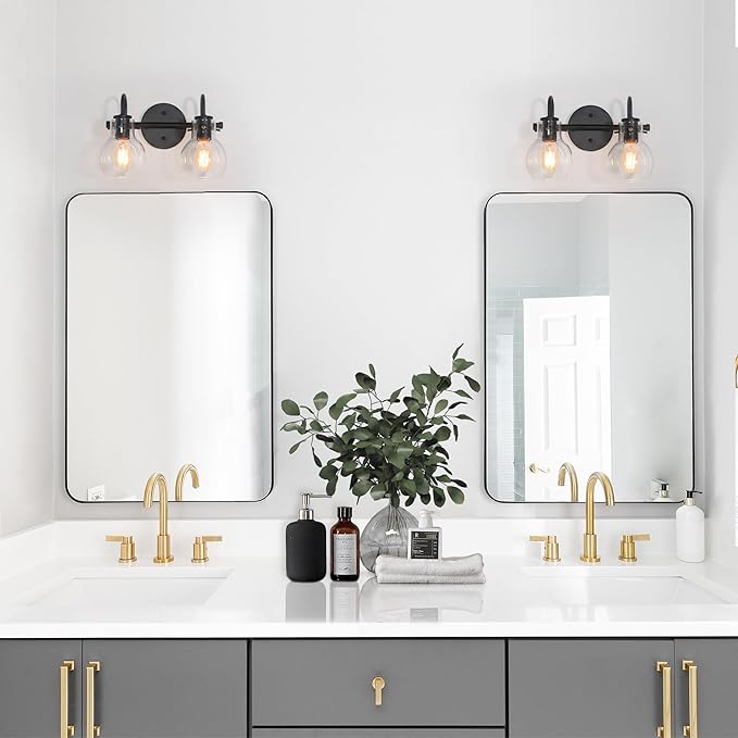 KSANA Black Bathroom Light Fixtures, 2-Light Modern Farmhouse Black Vanity Lights with Clear Glass Shade Over Mirror for Hallway, Kitchen, Bedroom, and Living Room