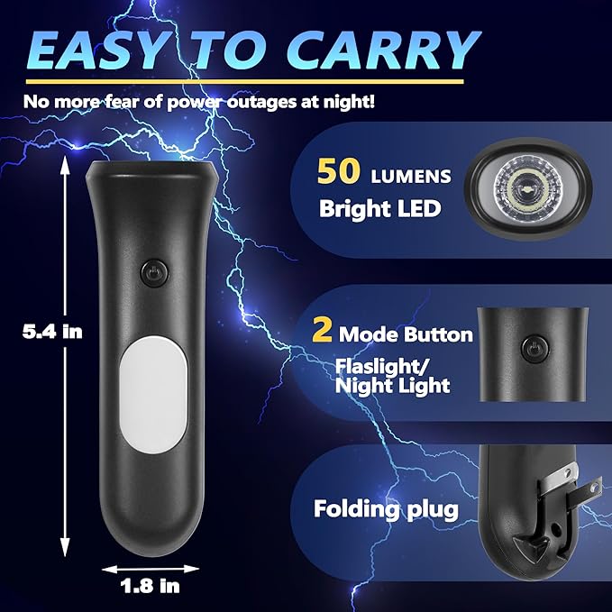 4 in 1 Emergency Lights for Home Power Failure,Rechargeable LED Flashlight Plug in Wall, Automatic Turn-On Power Outage Night Light Flashlight for Hurricane Preparedness Items
