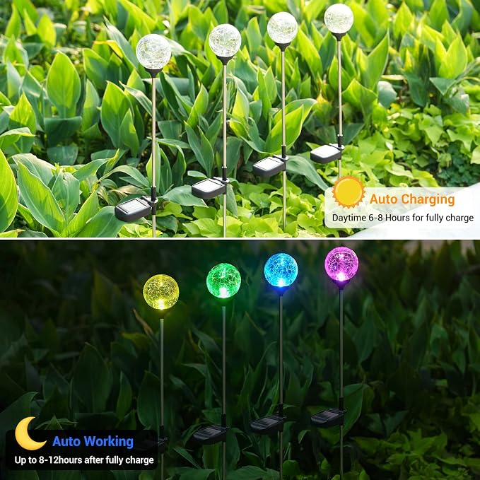 OxyLED Solar Globe Lights Outdoor 4 Pack LED Garden Stake Lights Waterproof | Cracked Crystal Color Changing Solar Pathway Lighting Auto On/Off for Landscape Patio Yard Christmas Decoration