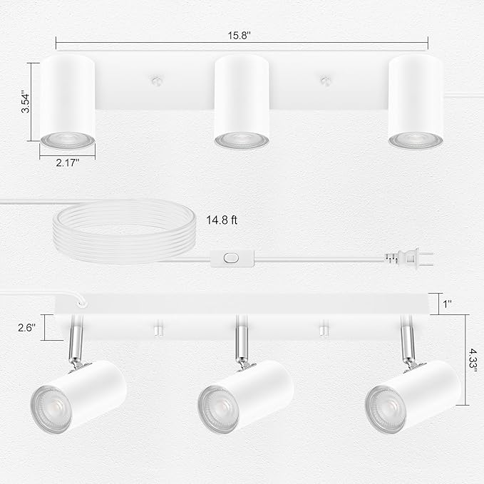 3 Light Track Lighting Kit,White 3 Way Flexible Plug in Ceiling Spotlight,Industrial LED Wall Light for Kitchen Cabinet Gallery Bar Hallway Living Room,Rocker Switch,15 ft Cord(No Bulb)