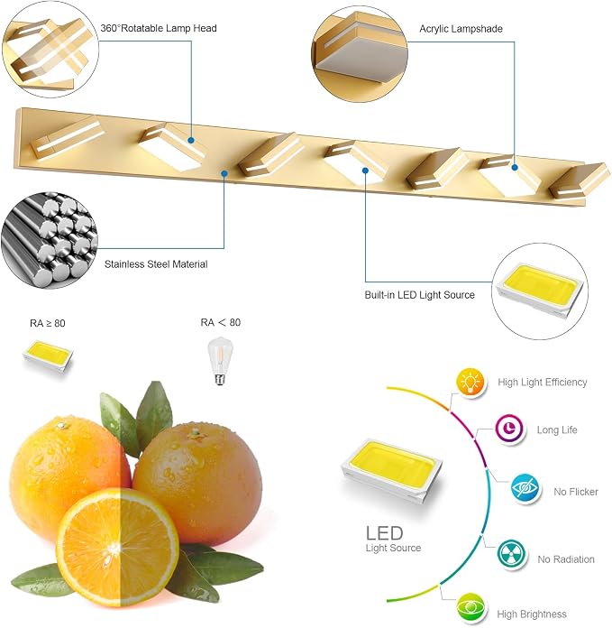 SineRise LED Modern Bathroom Vanity Light Fixtures, Modern Acrylic Bathroom Wall Lighting Fixtures Over Mirror, 7-Light, 55-Inch, Gold, 100%-0% White
