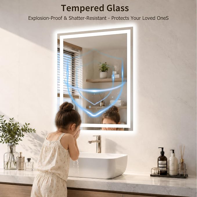 28"x36" LED Bathroom Mirror with Lights, Backlit+Frontlit, Anti-Fog | CRI 95, Stepless Dimmable, 3 Colors Lighting, Shatterproof Tempered Glass, HD Reflection, Memory, (Horizontal/Vertical)